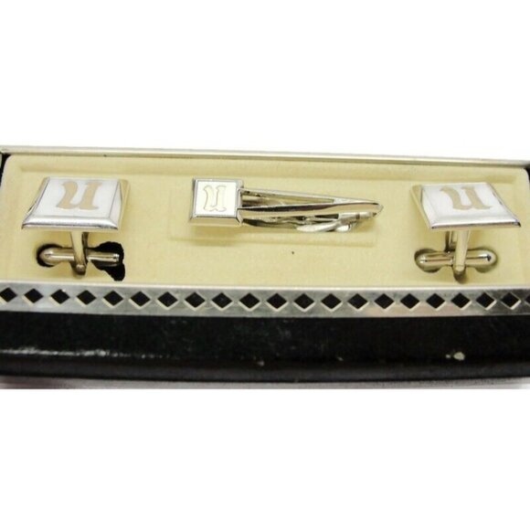 Signed Swank Set Silver Tone Square Cufflinks Neck Tie Clip Shirt Vintage IOB - Picture 6 of 12